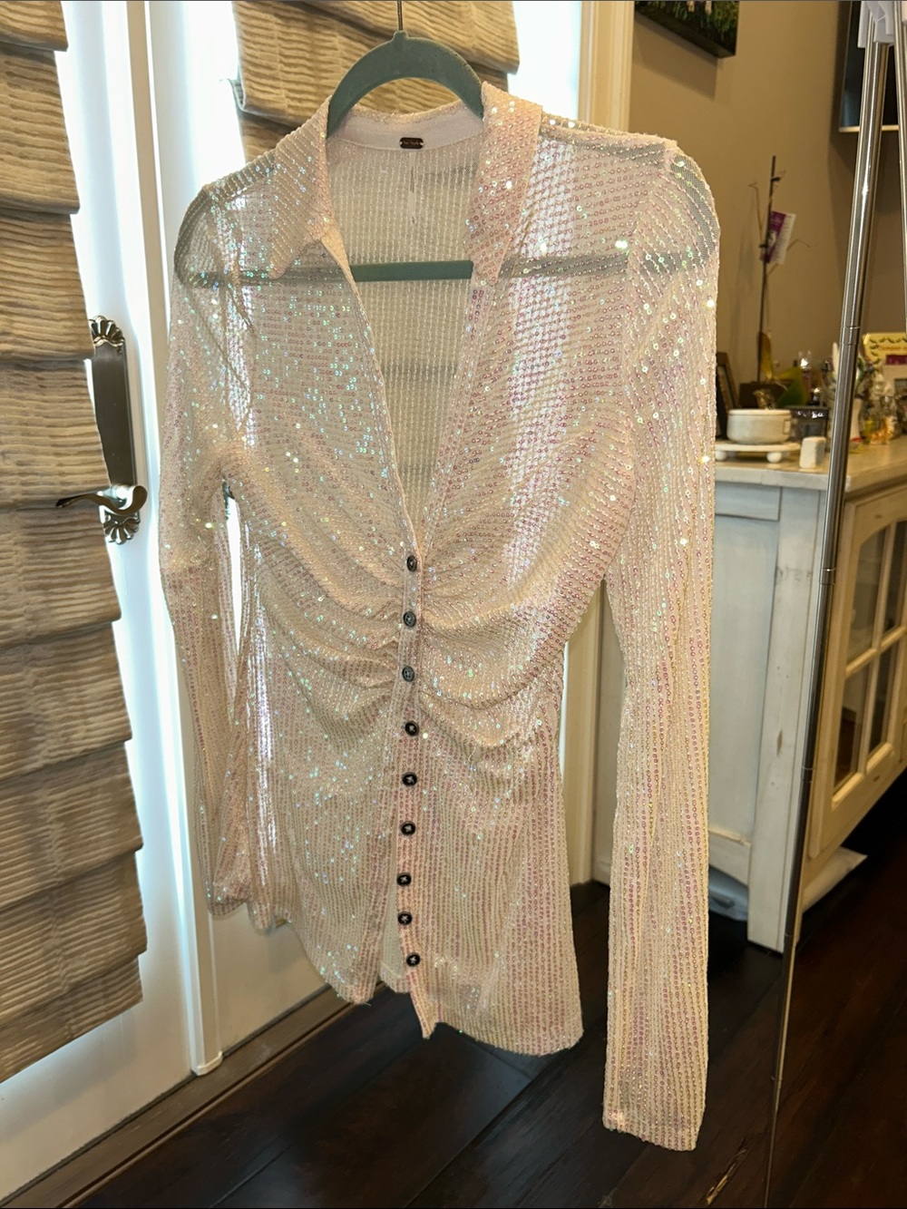 FREE PEOPLE- Sequin Ruched Button-Front Womens Top - Pink